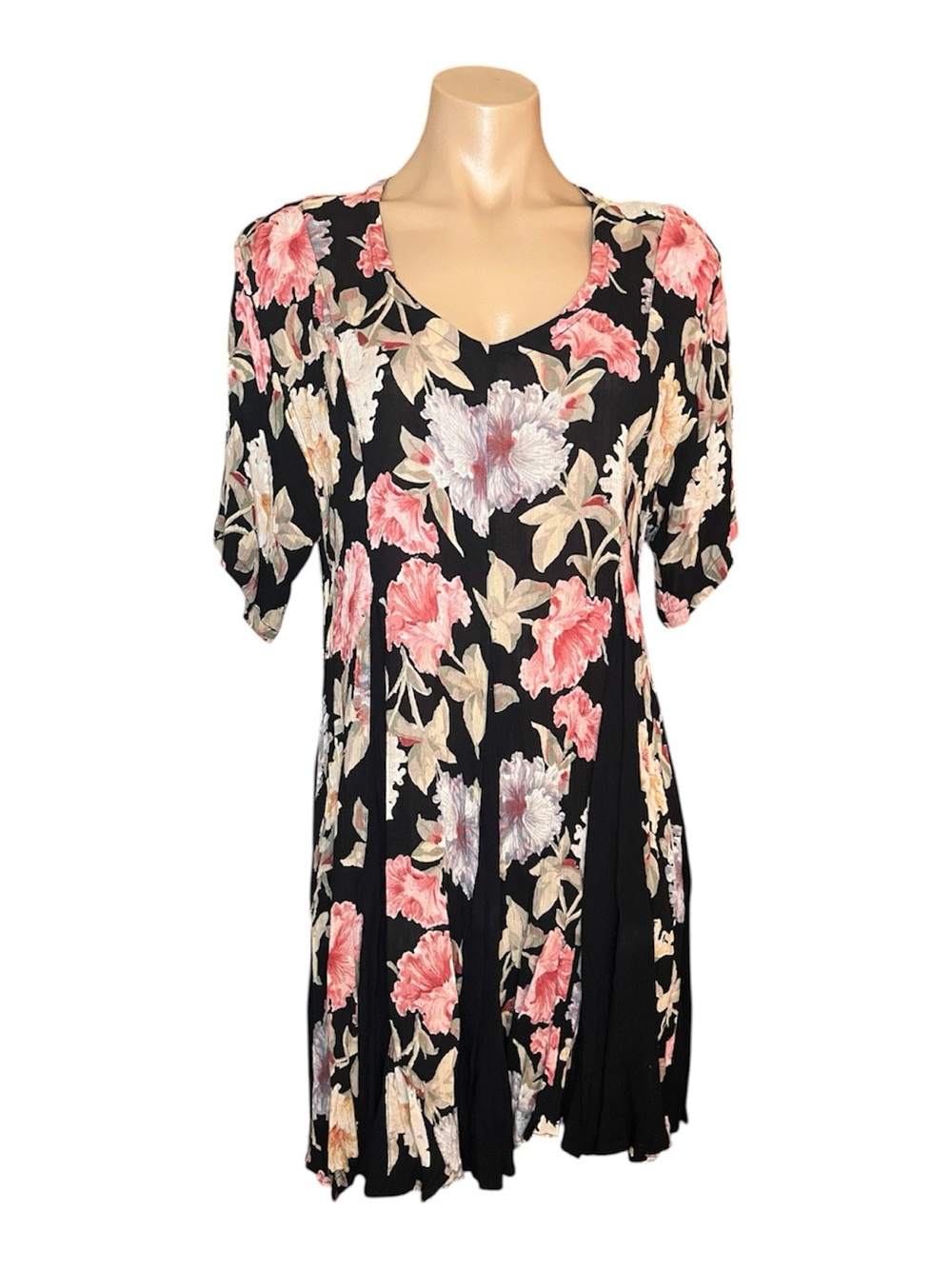 VTG Starina 90s Babydoll Dress in Black Pink Floral Whimsy Grunge Pull-Over~M